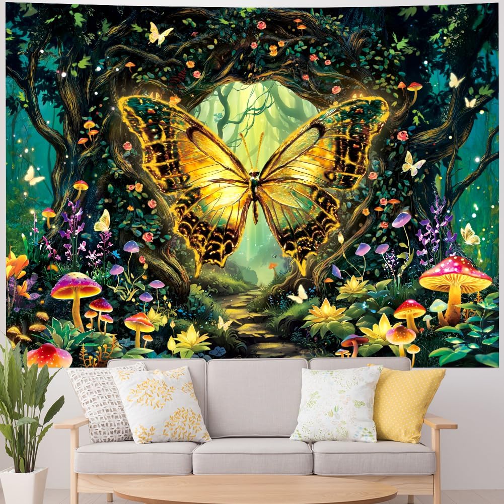 Galoker Blacklight Butterfly Tapestry Fantasy Forest Tree Tapestry UV Reactive Plant Floral Wall Tapestries Neon Tree of Life Tapestries Wall Hanging