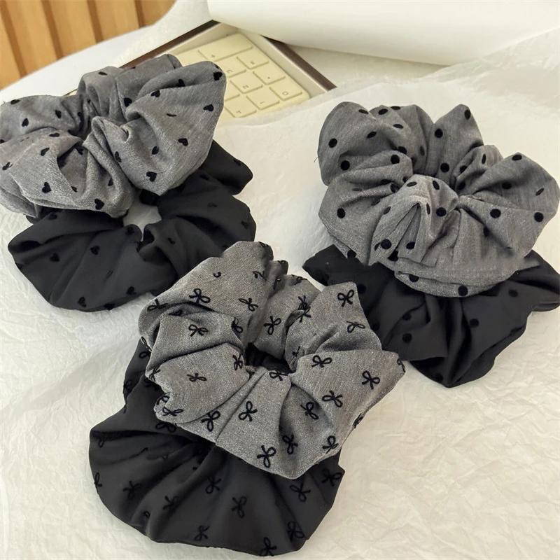 2pcs Elegant Black and Gray Cloth Bow Hair Rope for Women Temperament High Ponytail Hair Rope Fashion Girl Does Not Hurt Scr