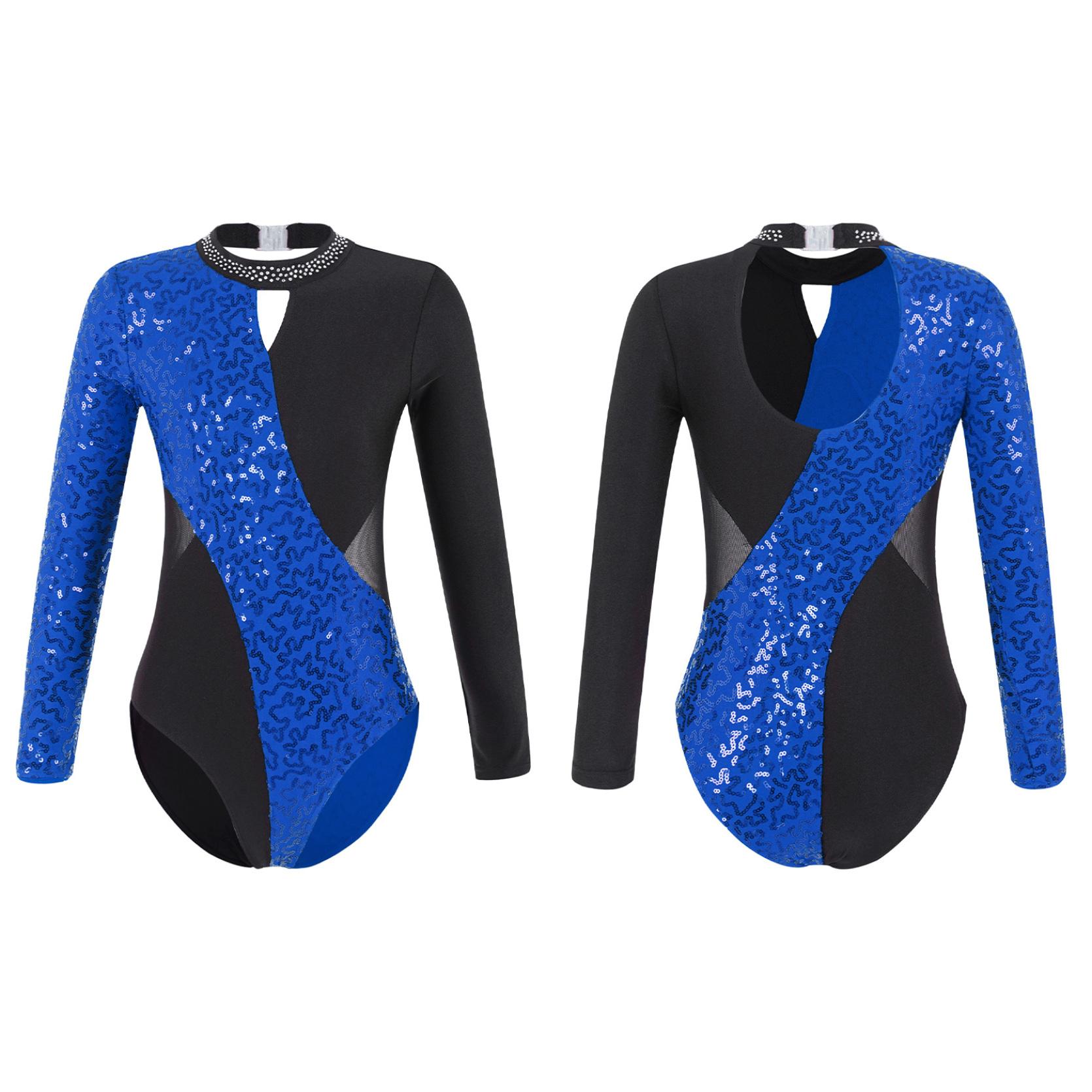 

Детский гимнастический трико с открытой спиной для девочек, боди для фигурного катания с блестящими пайетками и длинными рукавами для танцев 3-4 Years королевский синий