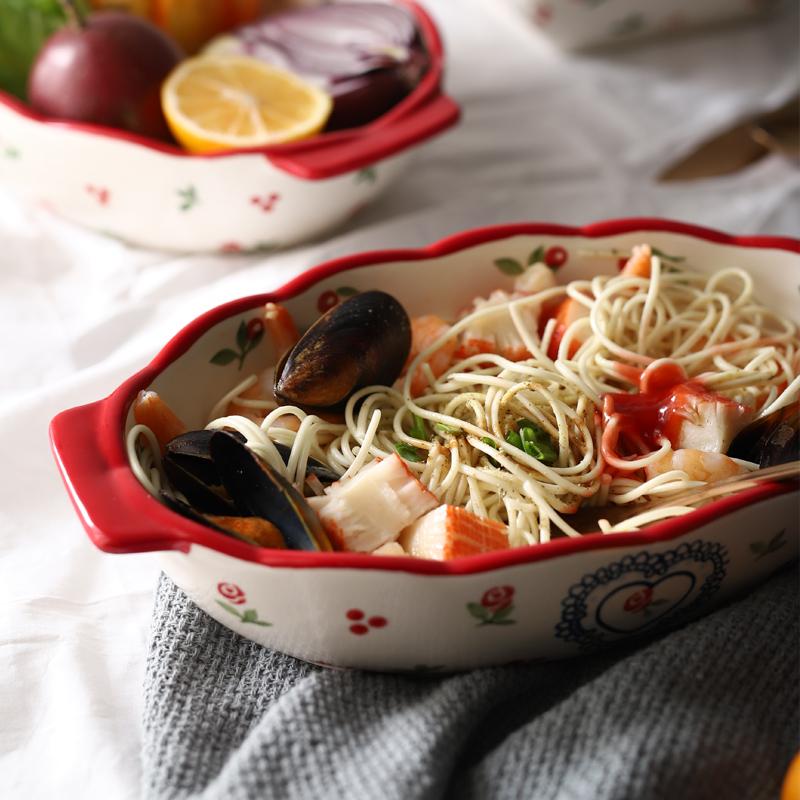 1pc Red Cherry Baking Plate Ceramic Dinner Dishes European Style Dinnerware Baking Tray Ovenware Dinner Plate