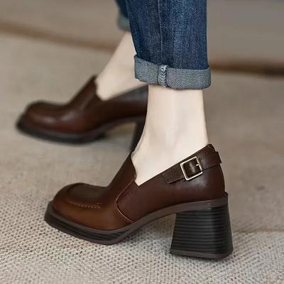 Mode Damen Britischer Stil Lederschuhe 34-40 Neu Eckige Spitze Dicke Sohle Dick mit Bequemen Pendlerschuhen Mode Hohe Absätze