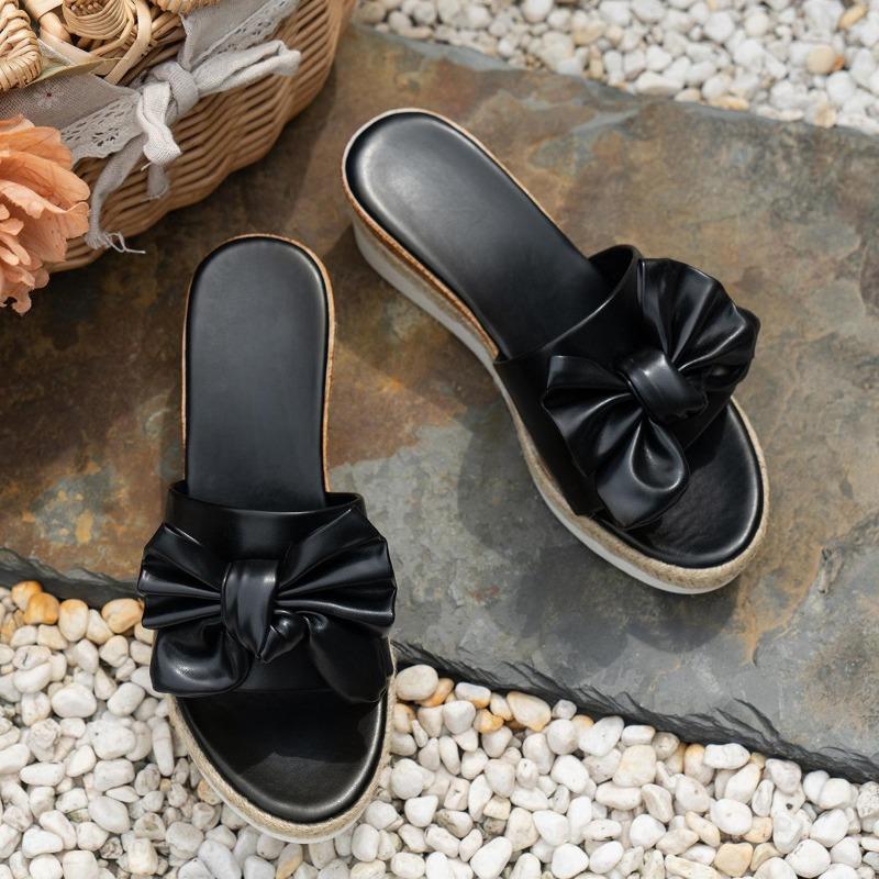 Summer New Fashionable Bow Thick Bottom Slippers with Hemp Rope and Pine Cake Bottom Large Beach Slippers