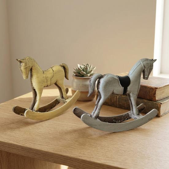 Wooden Rocking Horse Figurine Vintage Horse Statue Sculpture Home Office Living Room Bookshelf Desktop Decoration Ornament