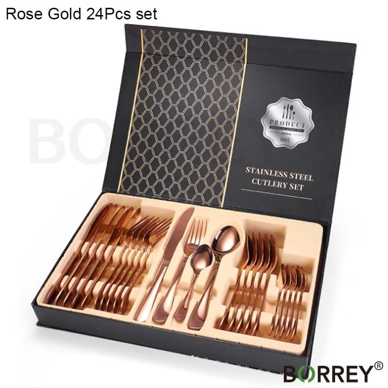 BORREY 24dílná sada nerezových příborů růžově zlatá příbory zlaté příbory jídelní sada nádobí západní jídelní sada nádobí