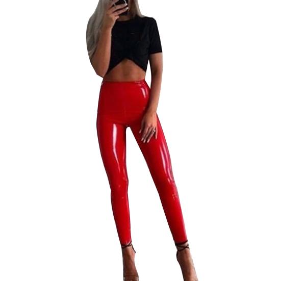 Damen Herbst Winter Dehnbare Kunstleder Lange Hosen Hohe Taille Skinny Hosen