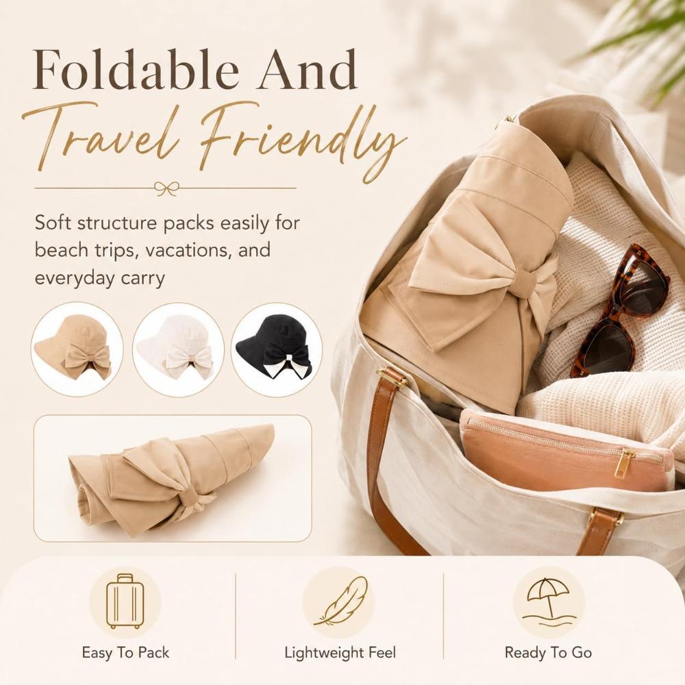 Women's Bowknot Wide Brim Sun Protective Hat, Foldable Beach Sun Hat with Rear Bow, Packable Outdoor Hat for Travel