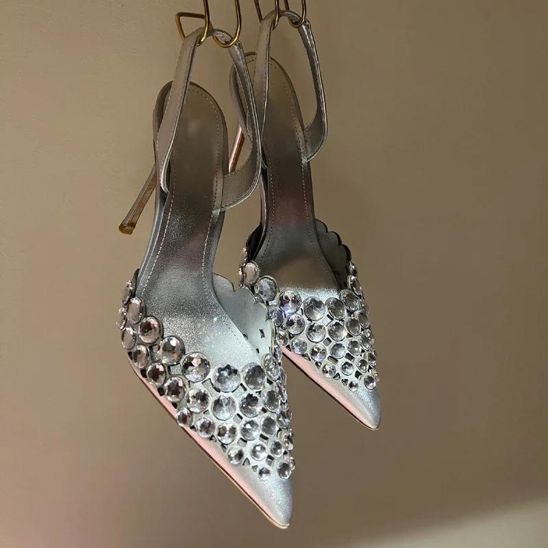 Rhinestone Decoration Multi-colored Hollow Stiletto Glitter Crystal Sandals Pointed Sandals Wedding Luxury High Heel Women Shoes