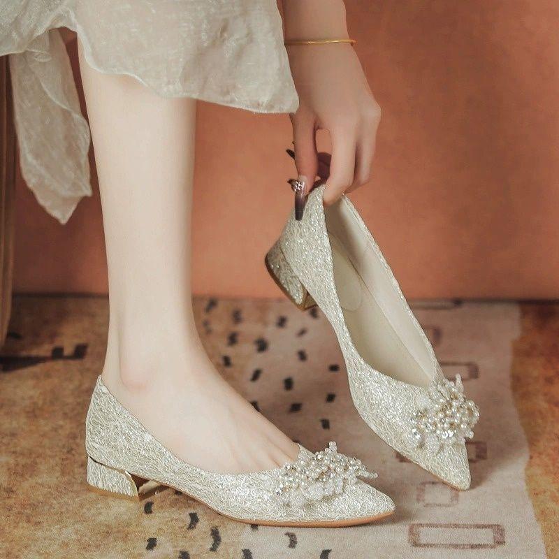 Pointed thick heel single shoes fairy with skirt 2025 niche Chinese style wedding dress Xiuhe two wear bridesmaid shoes not tired