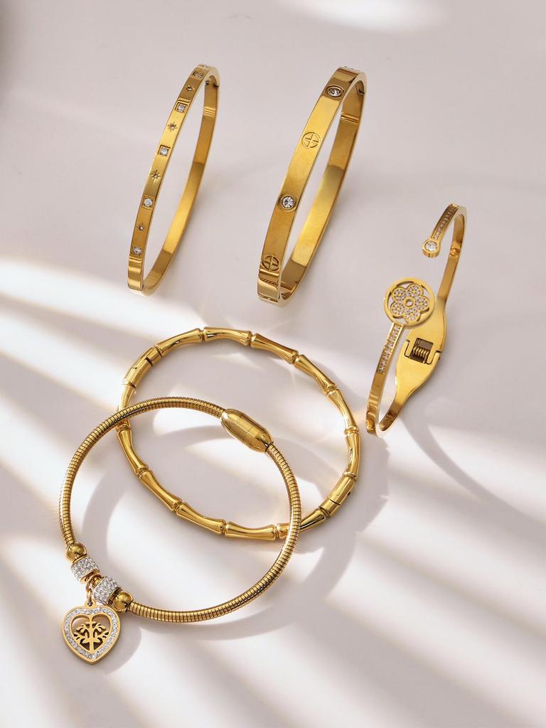 18k Gold-Plated Zircon Bamboo Bracelet Set: Geometric, European & American Style