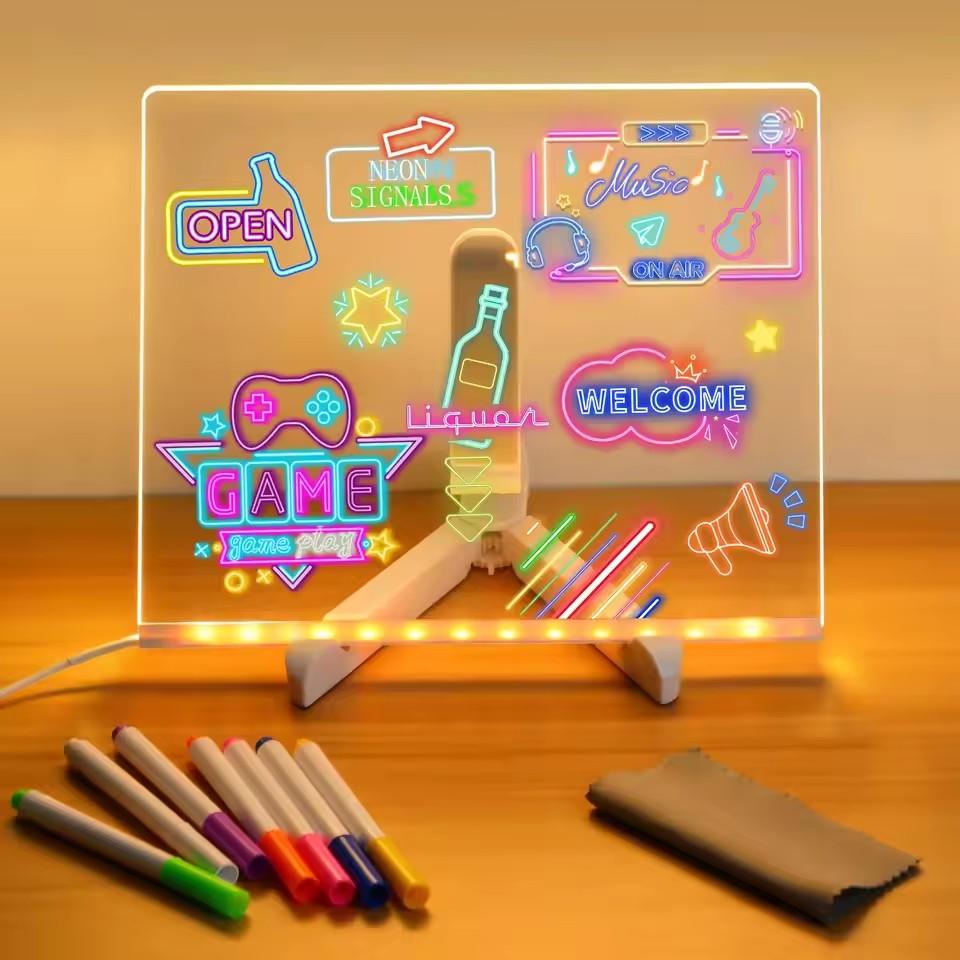 LED Note Board Night Light With Colorful 7 Pens DIY Acrylic Message Board Erasable Painting Drawing Board For Kids Birthday Gift