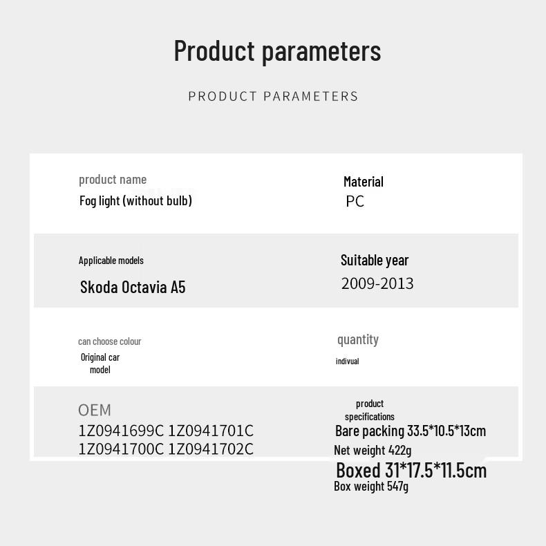 Front Bumper Fog Lights Compatible with Skoda Octavia A5 2009-2013