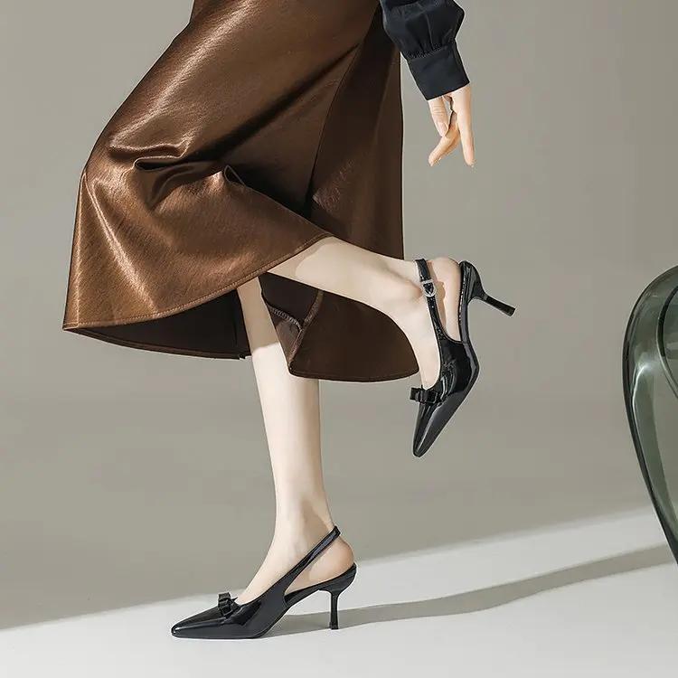 Comfort Shoes for Women High Heel Sandals Suit Female Beige 2025 Summer Shallow Mouth Low High-heeled Bow Black Girls  Elastic B