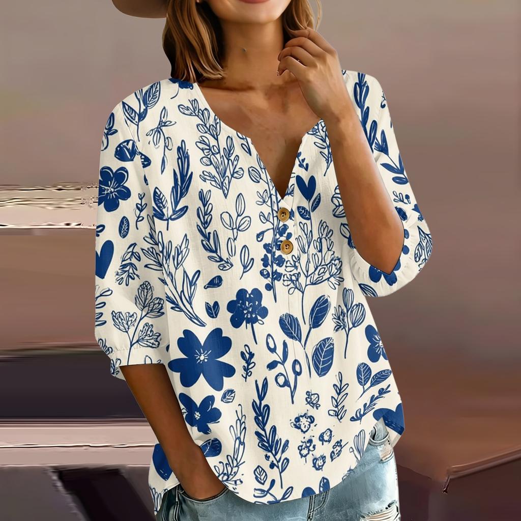 Women Henley Neck Button Front Cotton Linen Shirt with Leaf Print Three Quarter Sleeves Relaxed Fit Blouse Top