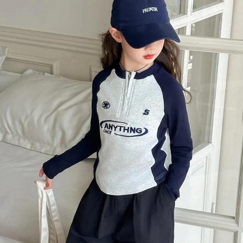 2025 Girls' Slim-Fit Cotton Letter T-Shirt - Autumn Casual Long-Sleeve