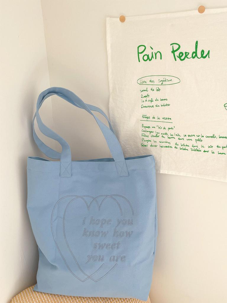 Korean Ins Style Canvas Bag Heart Embroidery Large Capacity Tote Bag For School And Commute Women's Shoulder Bag