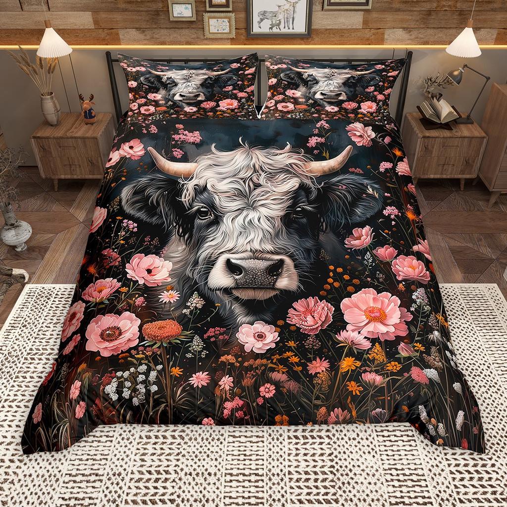 Homewish Rustic Highland Cow Duvet Cover Set, Farm Animal Bedding Set, Farmhouse Lodge Cabin Comforter Cover Set