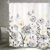 Grey Floral Shower Curtain - Rustic Wildflower Vintage Farmhouse Design with 12 Hooks for Bathroom Decor