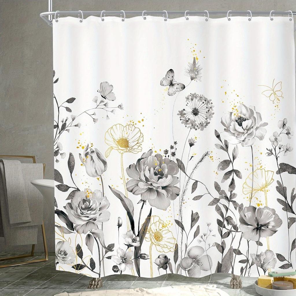 Grey Floral Shower Curtain - Rustic Wildflower Vintage Farmhouse Design with 12 Hooks for Bathroom Decor