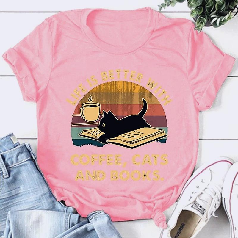

Hot Life Is Better with Coffee Cat and Book Printed Tshirt Short Sleeve Harajuku Casual Top Womens Summer Tshirt 4XL