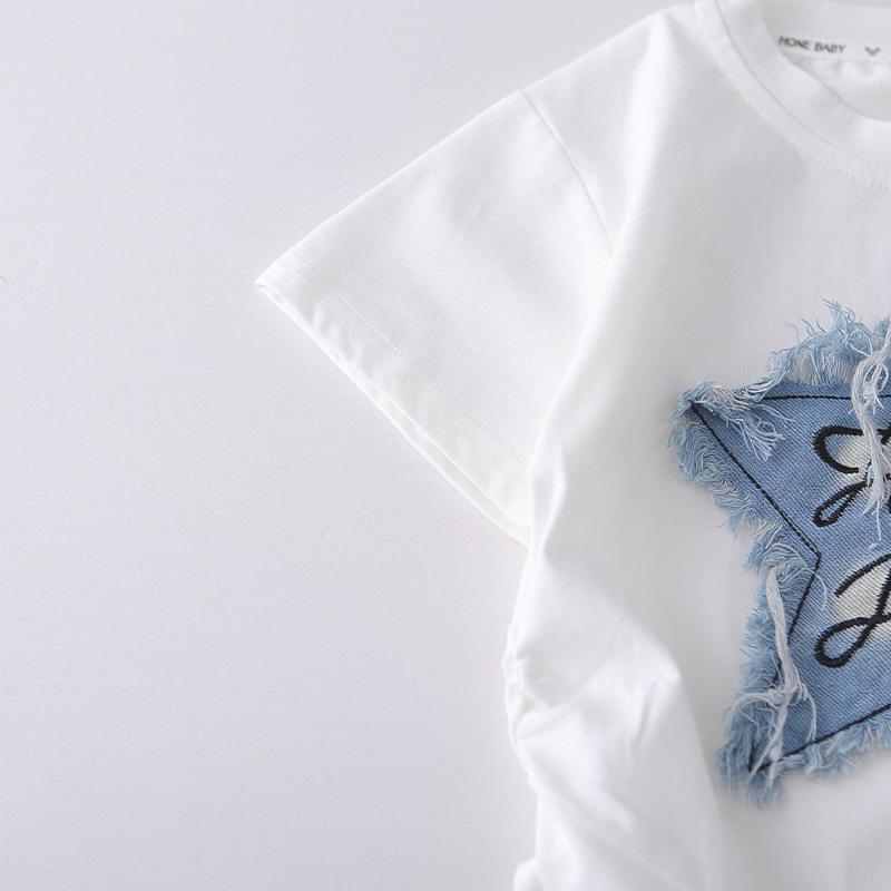 Girls' 2026 Summer Denim Star Two-Piece Set: Short Sleeve Top & Loose Long Pants