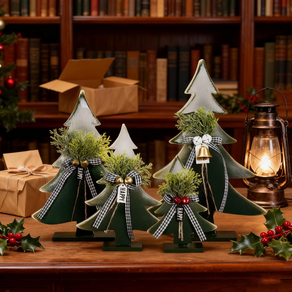 Wooden Christmas Tree Decor 5-10 Inch Farmhouse Table Centerpiece with Bell Ornaments Rustic Holiday Display for Table