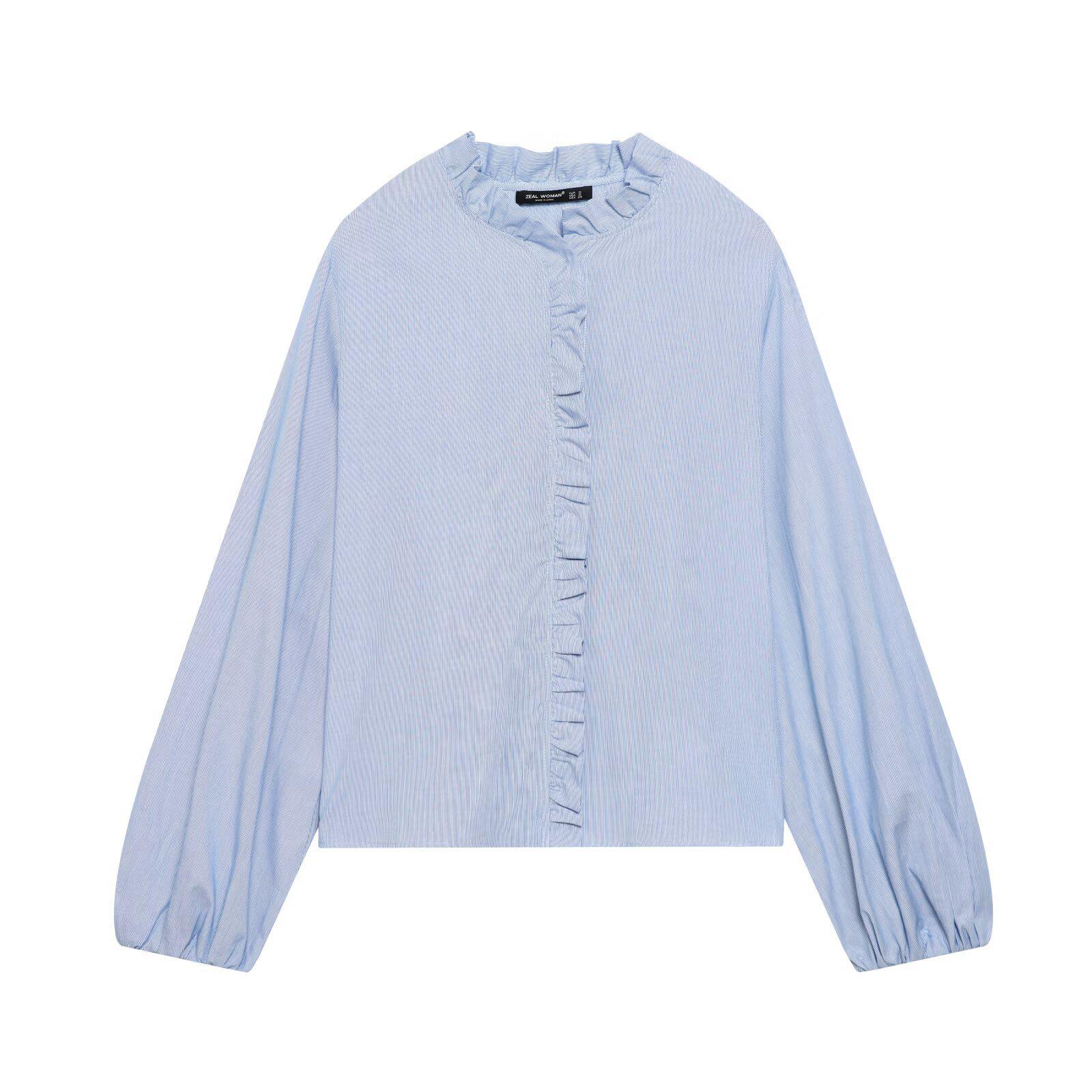 Women s Puff Long Sleeve Ruffle Shirt - 2025 Autumn/Winter European/American Style Small синий