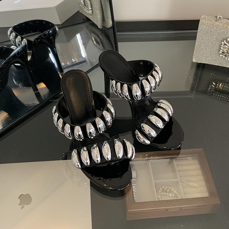 Fashion European American New Sexy Open Toe Metal Decorated Outdoor Slippers Black Silver Summer Slim Heel Fashionable Women's Sandals