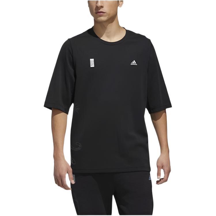 adidas Printing Brand Logo Solid Color Tiger Pattern Round Neck Short Sleeve Black Men s GF3980 L