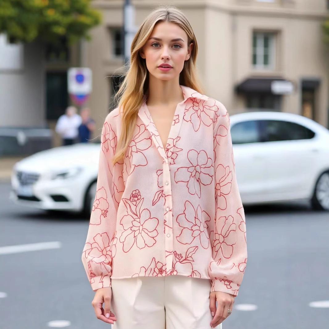 

2025 Spring/Summer Women s Floral Draped Turn-Down Collar Long-Sleeve Shirt L