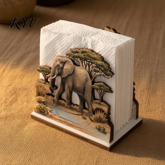Durable Wood Napkin Caddy for Parties Rustic Wooden Holder, Octopus/Bird/Goose/Turtle/Black Bear/Elephant Pattern, Compact Tissue Unique Gift Teachers