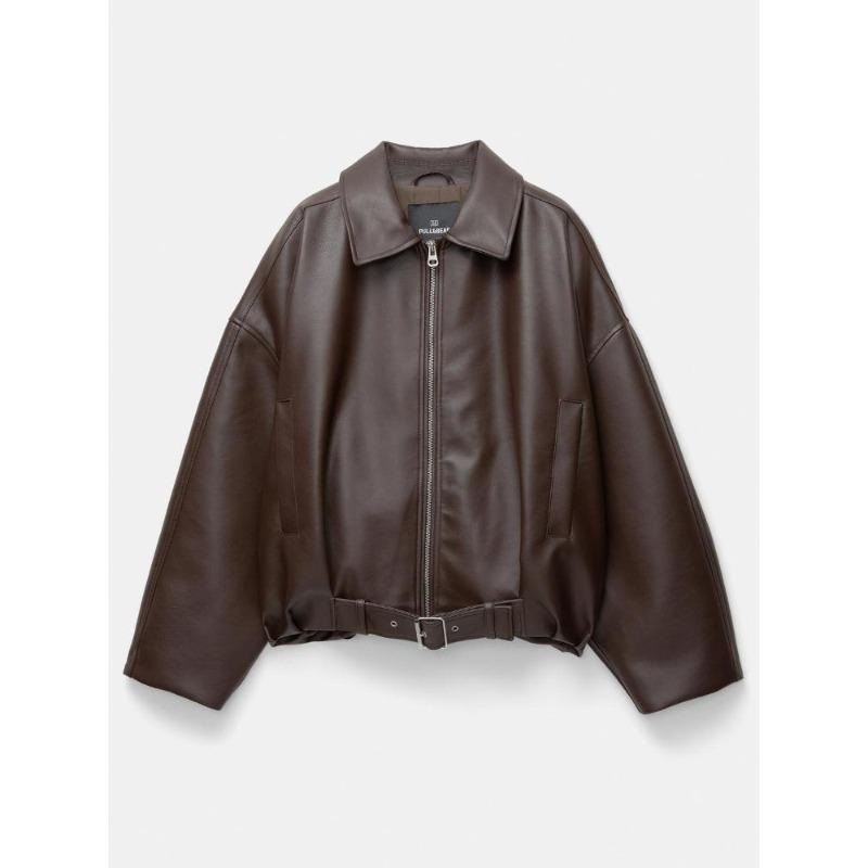 Women's Brown Faux Leather Pilot Jacket with Belt