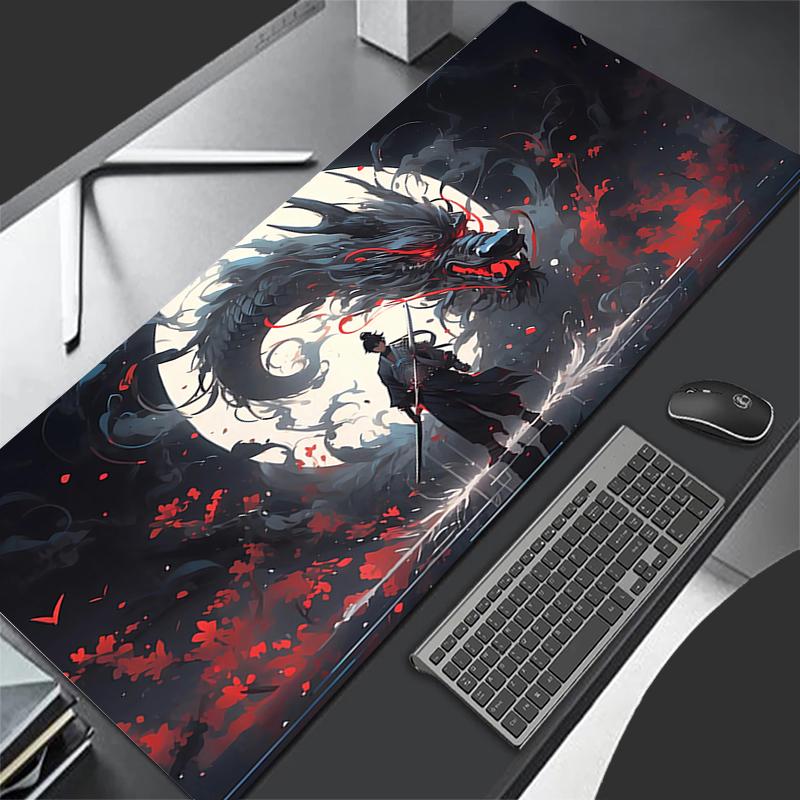 Mond Samurai Wolf Mauspads PC Cool Roter Anime Junge Tastaturteppich Gamer Schrank Mauspads Laptop Schwarz und Weiß Erweiterte Schreibtischmatte