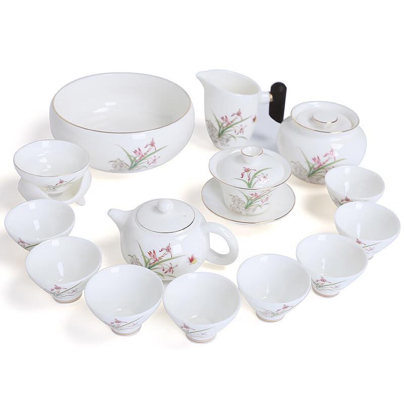 Elegant Orchid Mutton Fat Jade Porcelain Gongfu Tea Set