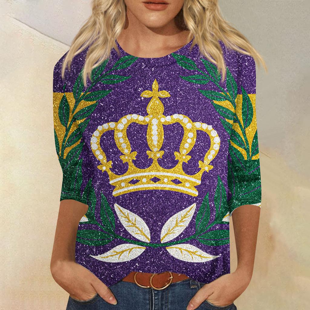 Women's Fashion Casual Round Neck Three-quarter Sleeve Carnival Print T-shirt Top