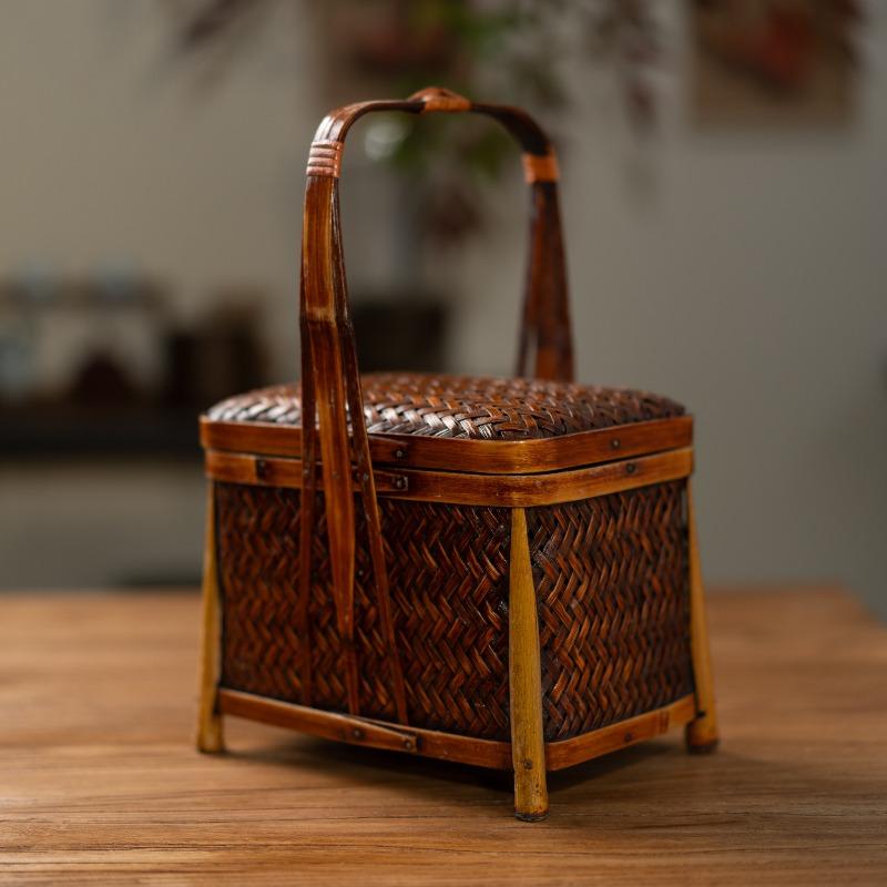 Tung Oil Lacquer Old Storage Retro Bamboo Woven Tea Set Storage Basket Bamboo Woven Basket Tea Set Box Bamboo Products