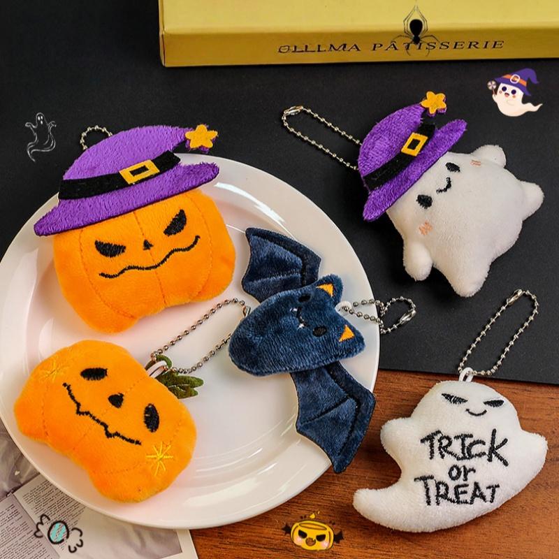 Adorable Halloween Plush Key Ring Soft Pumpkin Ghost Bat Witch Hat Pendant for Women Bag Decor Halloween Gift for Friends
