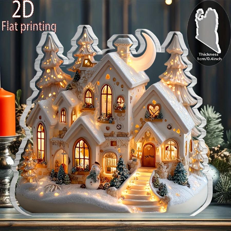 2D Flat Snowy Winter Scene Acrylic Christmas House Model Desktop Decoration, Suitable for Wall Decoration, Porch, Room, Villa, Accents Home, Hallway,