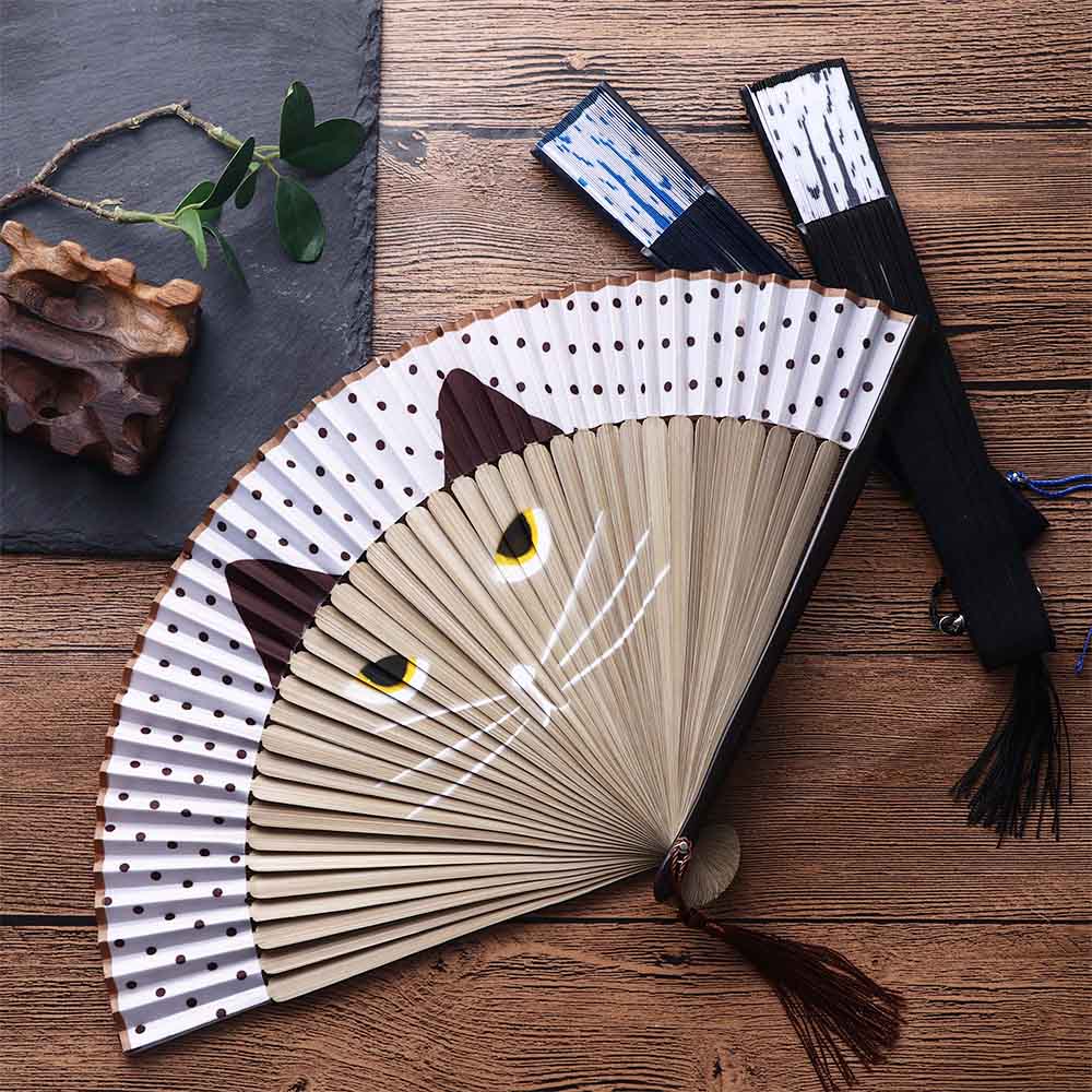 1 pcs Handmade Cat Patterns Cartoon Summer Gift Home Decoration Folding Fan Fan Crafts Silk Fan