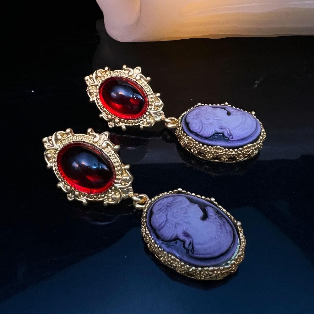 Vintage-Style Gold-Plated Copper Cameo Earrings with 925 Silver Needle & Glass Elements