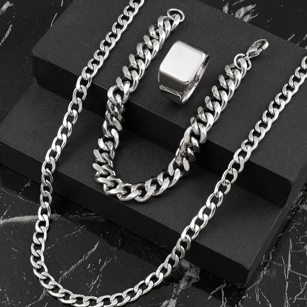 Jewelry Set Casting Square Men's Ring Punk Hip-Hop Style Cuban Chain Stainless Steel Accessories