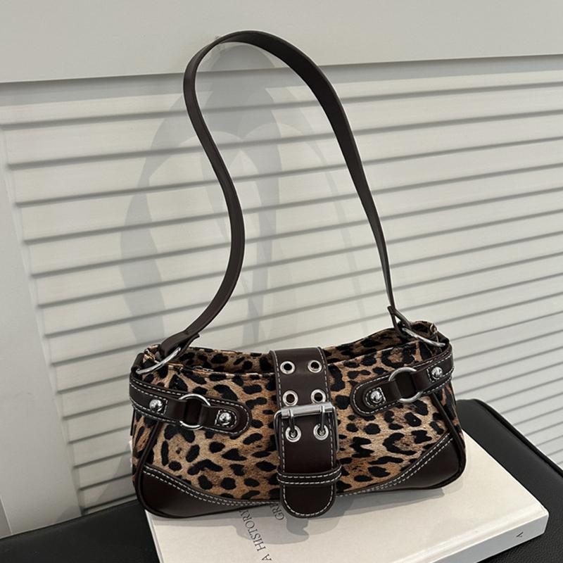Retro Belt Buckle Leopard Print Casual Single Shoulder Autumn Winter New Style Fashion Rivet Large Capacity Underarm Bag. KTB