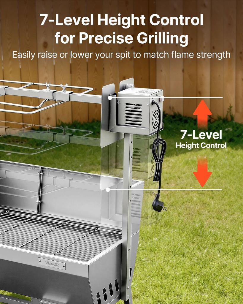 Gril s rožněm, 38W BBQ Venkovní rožeň na prasata a jehňata, Uhelný rožeň s nosností 60 kg a 7 úrovněmi výšky, Nerezový elektrický