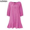 VONDA Women Casual Round Neck 3/4 Sleeve Irregular Ruffled Tunic Dress
