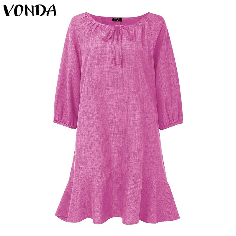 VONDA Women Casual Round Neck 3/4 Sleeve Irregular Ruffled Tunic Dress