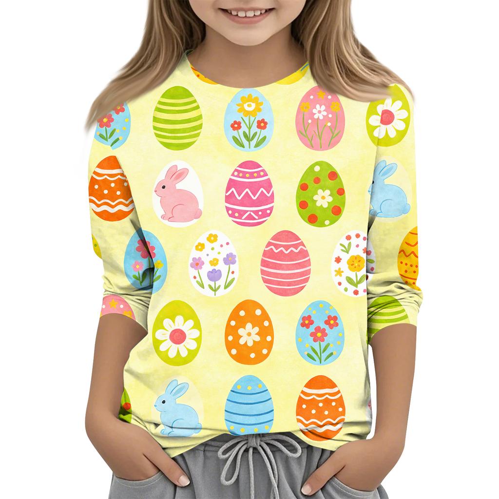 Haut décontracté pour enfants à manches sept-quarts, imprimé Pâques, col rond, imprimé