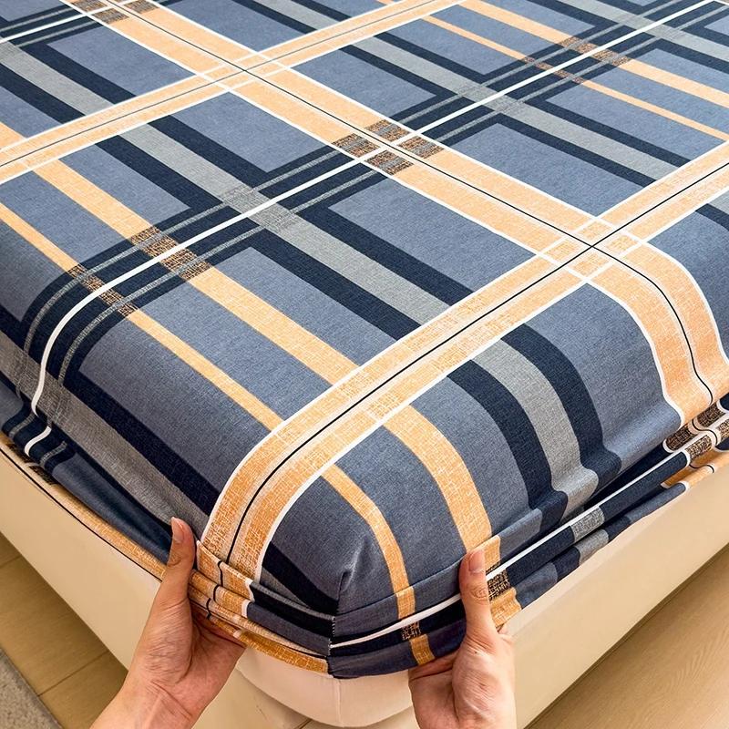 Blue Check 100% Cotton Fitted Sheet, Set Soft Thick Bed Cover with 2 Pillowcases, Hotel Luxurious Geometric Line Theme Bedding