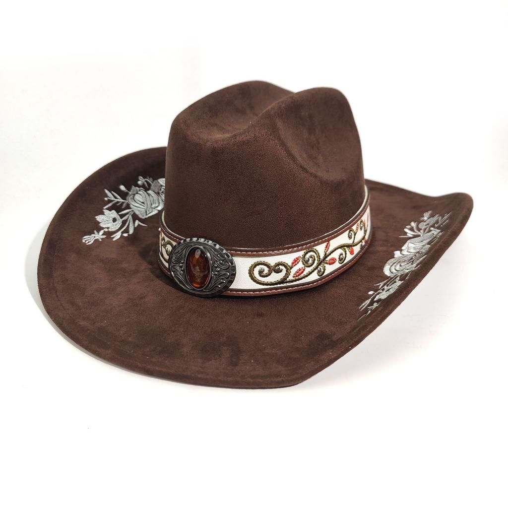 New Western Denim Hat Spring And Autumn Men'S And Women'S Big-Brimmed Jazz Hat Suede Embroidered Top Hat