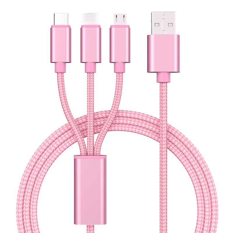 2m 3-in-1 Braided Charging Cable for Apple, Type-C, Huawei, Android; 1.2m Extension, 3-Head Design