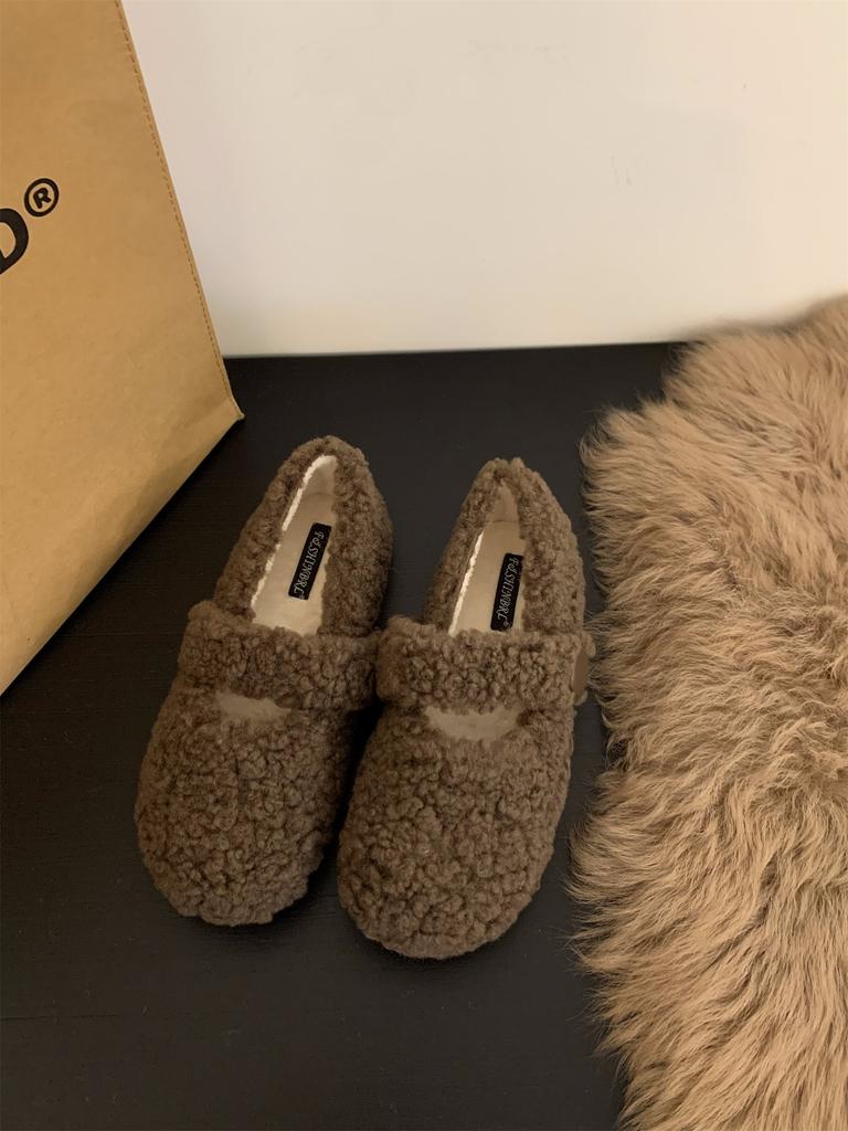 Flat-bottomed Versatile Mary Jane Lamb Wool Shoes Women's Shoes Wear 2025 New Autumn and Winter Velvet Cotton Shoes Single Shoes