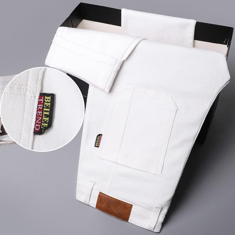 Men's White Six-pocket Stretch Jeans Men's Spring and Summer Trend Straight Slim Multi-pocket Colour Trousers